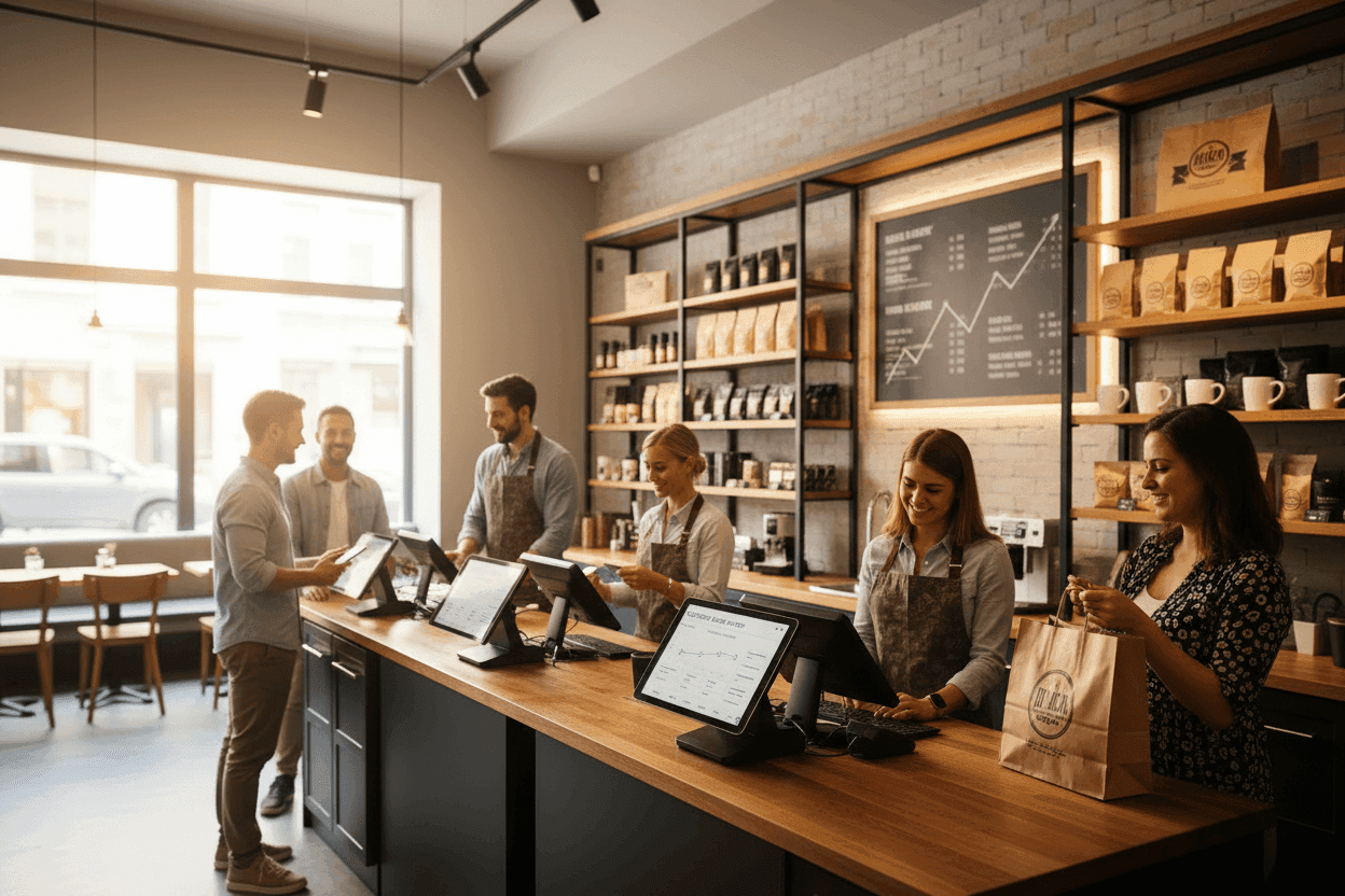 A busy retail counter with staff serving several customers
