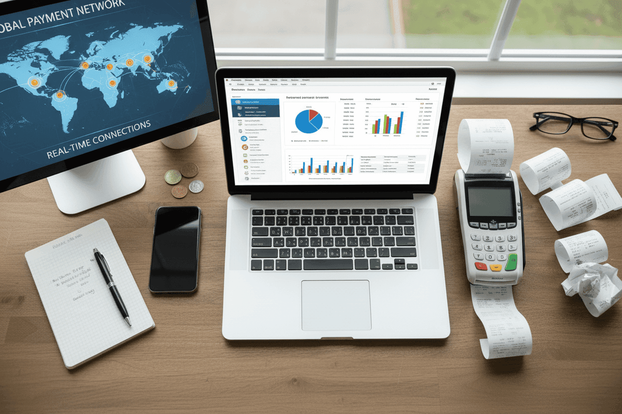 A desk with a laptop showing sales analytics next to a payment terminal