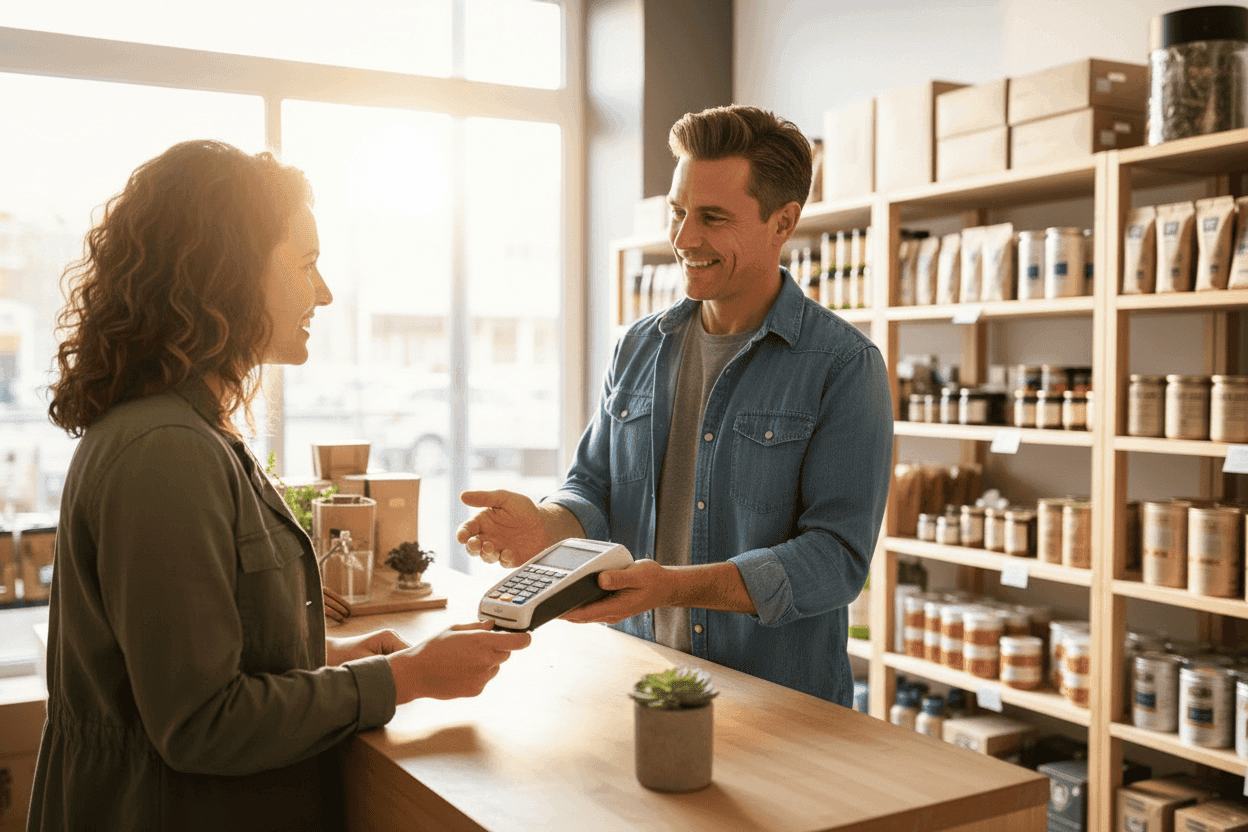 A shop owner handing a bag to a customer over the counter
