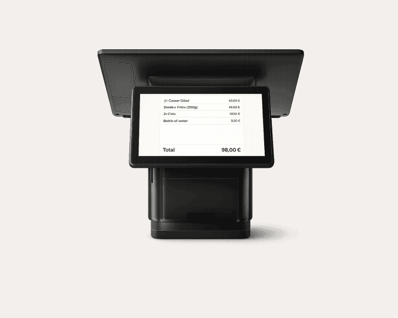Dual-display countertop point-of-sale system showing an itemised receipt