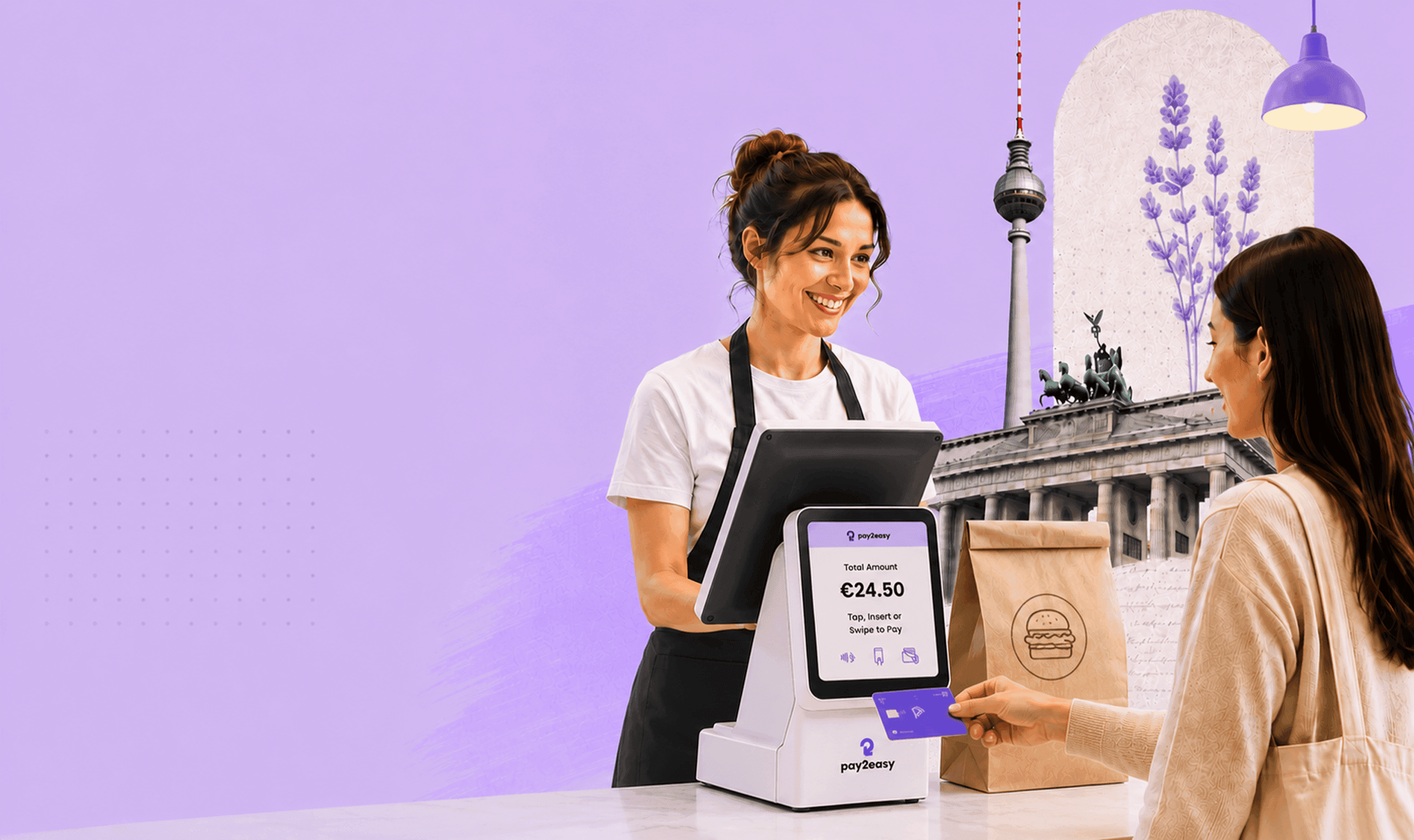 Merchant handing a customer their order after a contactless card payment on a Pay2Easy terminal, Berlin skyline in the background