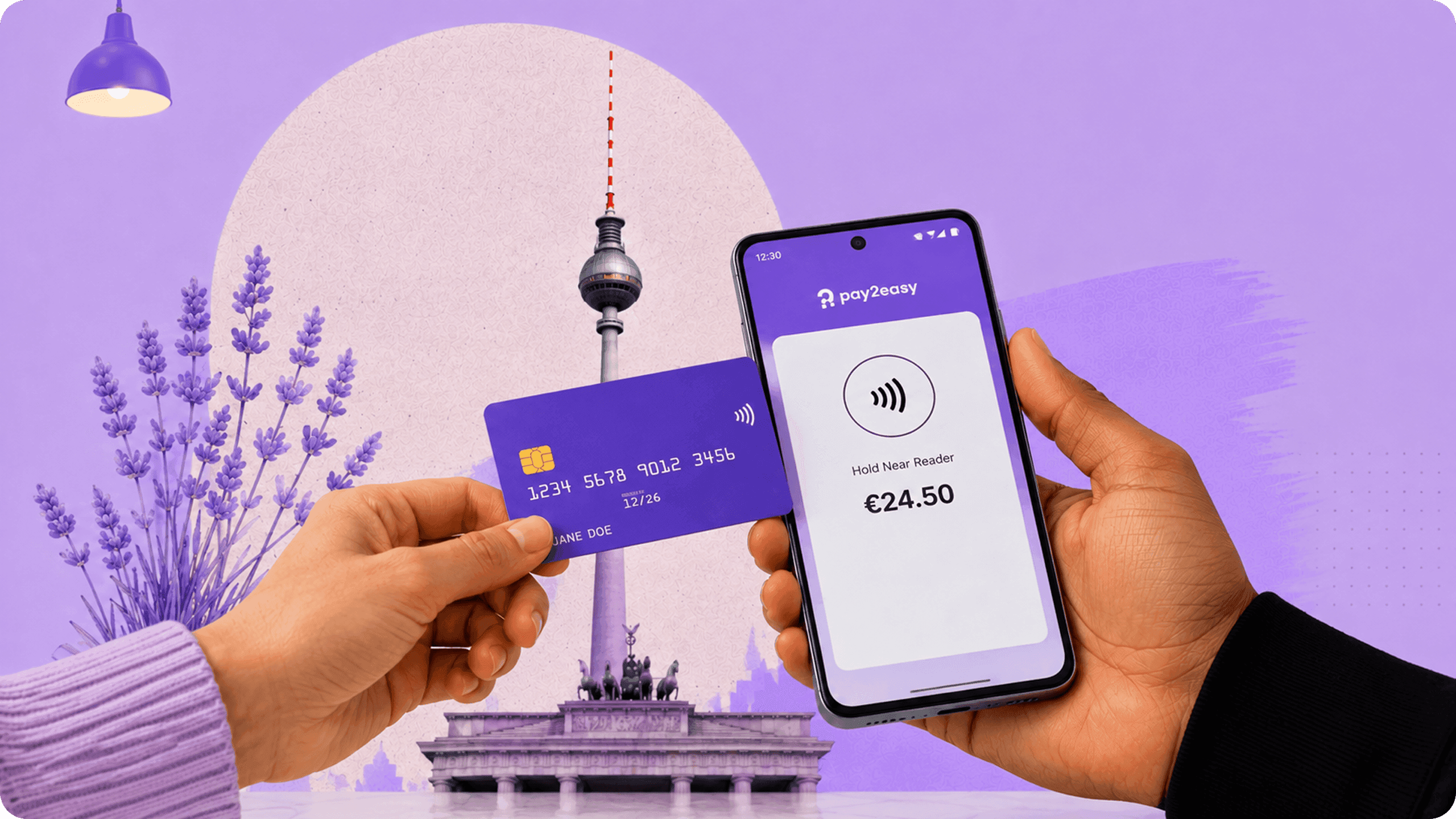 Two hands tapping a card to an Android phone running Pay2easy, with the Berlin TV Tower in the background