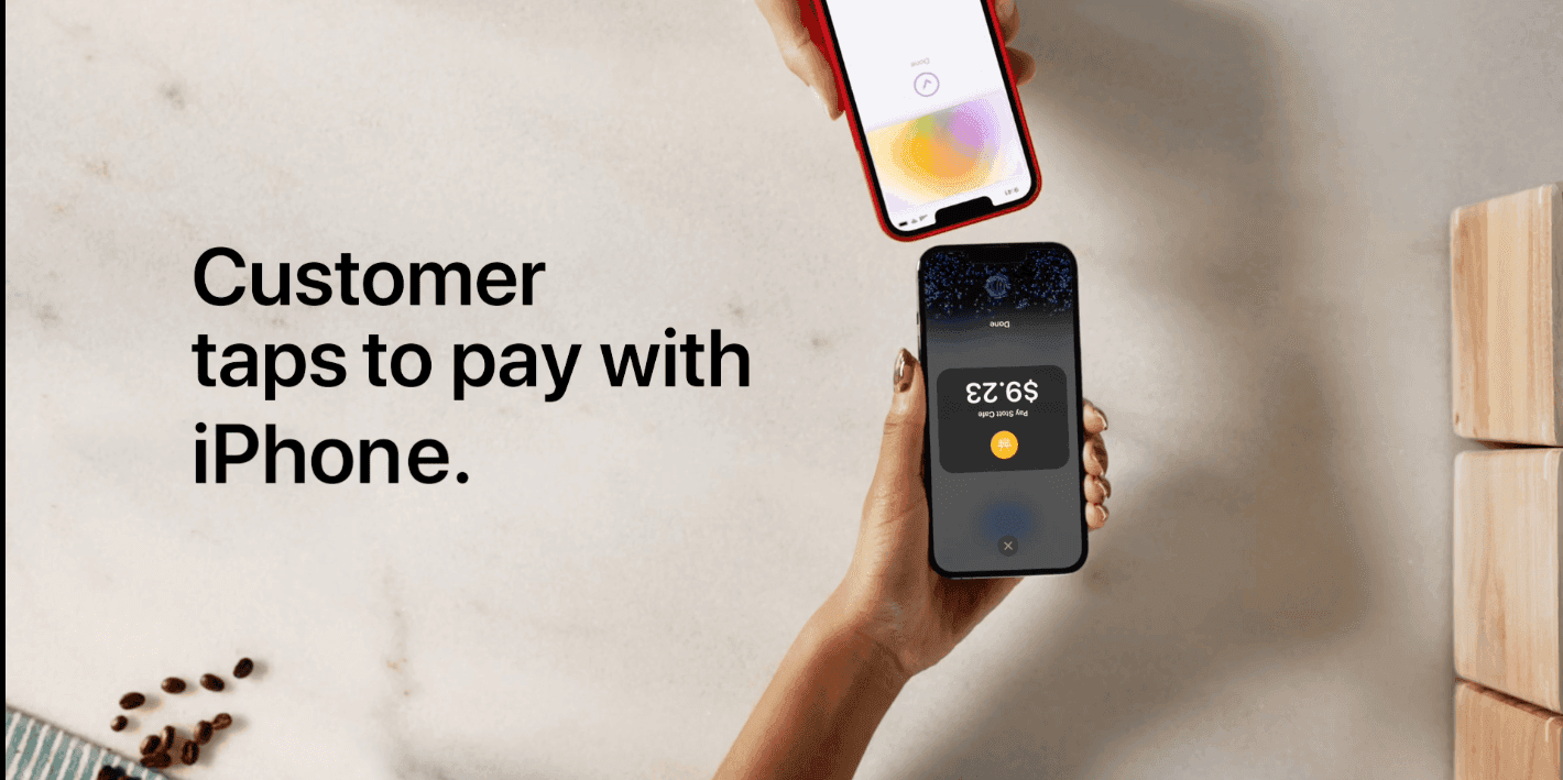 A customer tapping their iPhone against another iPhone running Tap to Pay to complete a purchase