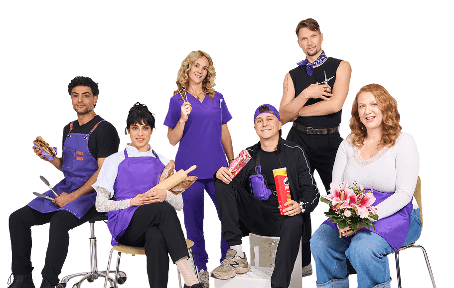 Six Pay2Easy merchants — a baker, a barista, a nurse, a delivery courier, a barber, and a florist — standing and seated together in their work aprons
